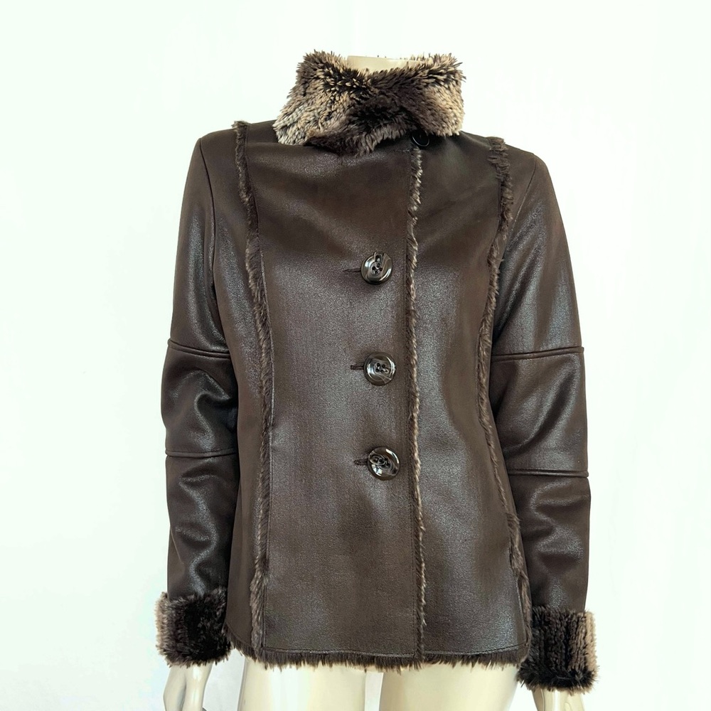 CHICO’s Brown Faux Fur Trimmed Women's Jacket - Picture 4 of 16